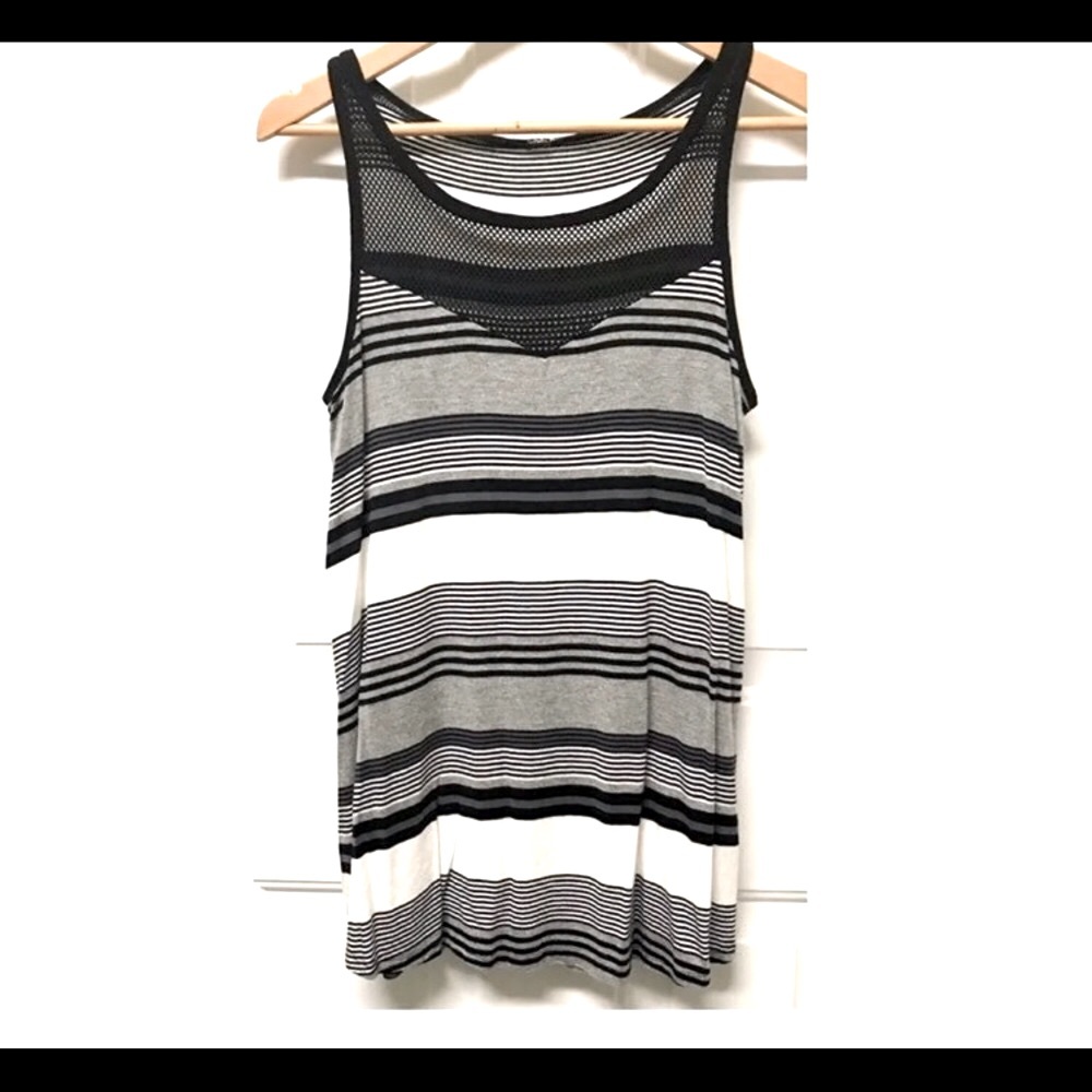 Striped sleeveless black, ivory, and gray top